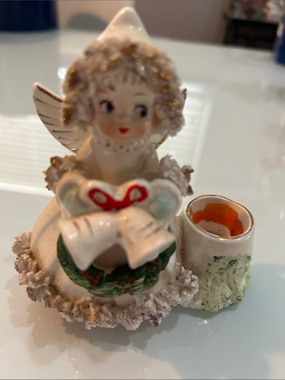 Vintage MCM Porcelain Angel Christmas  with Wreath and Candle Holder spaghetti